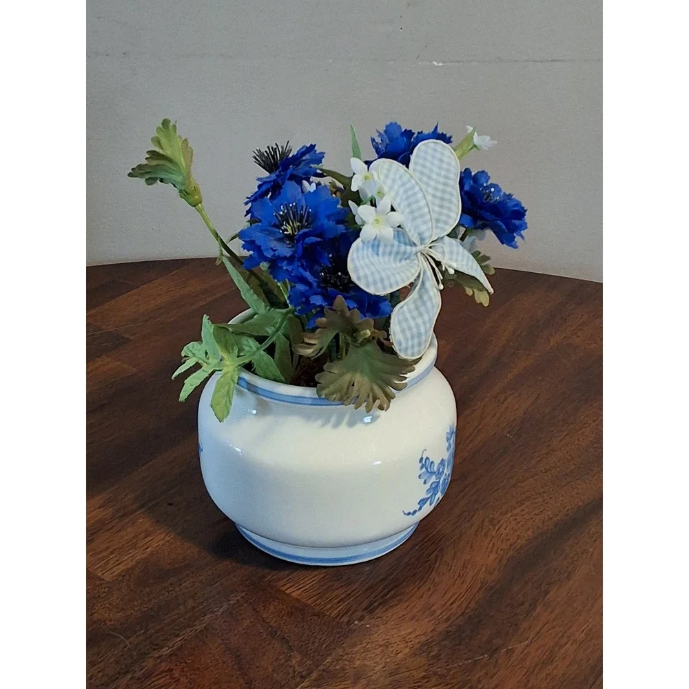 Vintage Blue and White Floral Ceramic Vase with Faux Cornflowers and Butterfly